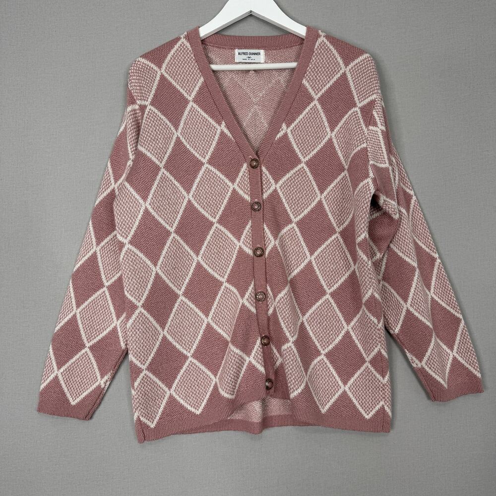 Vintage Alfred Dunner Sweater Women Medium Pink Argyle Cardigan Academia Grandpa